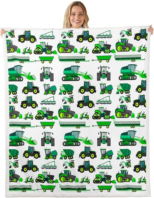 Equipment Trucks Sherpa Blanket Kids Boys Excavators Fleece Throw Blanket for Bed Sofa Couch Children Green Vehicle Plush Blanket Soft Construction Tractor Decor Fuzzy Blanket Twin 60"x80"
