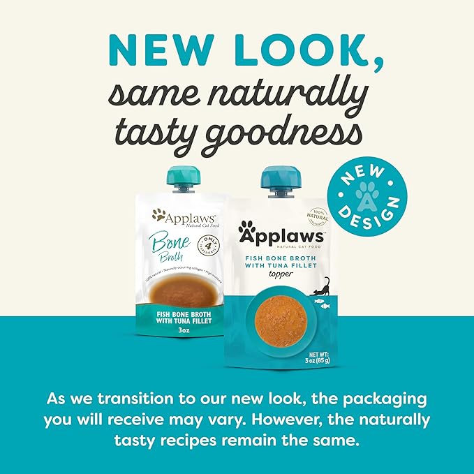 Applaws Natural Bone Broth Wet Cat Food Topper, Limited Ingredient Bone Broth for Cats, Real Protein Wet Food Topper for Cats, Tuna Fillet Bone Broth Topper (12 x 3oz Spout Pouches)