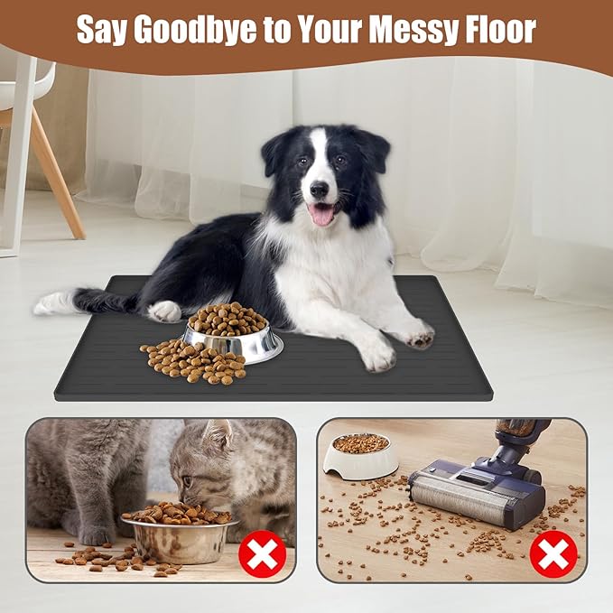 Dog Food Mat, Silicone Dog and Cat Mat for Food and Water Bowls, Waterproof Raised Edge Pet Feeding Mat for Contain Spills Protects Floors, Multiple Colors & Sizes for Pets (18"x12", Deep Green)