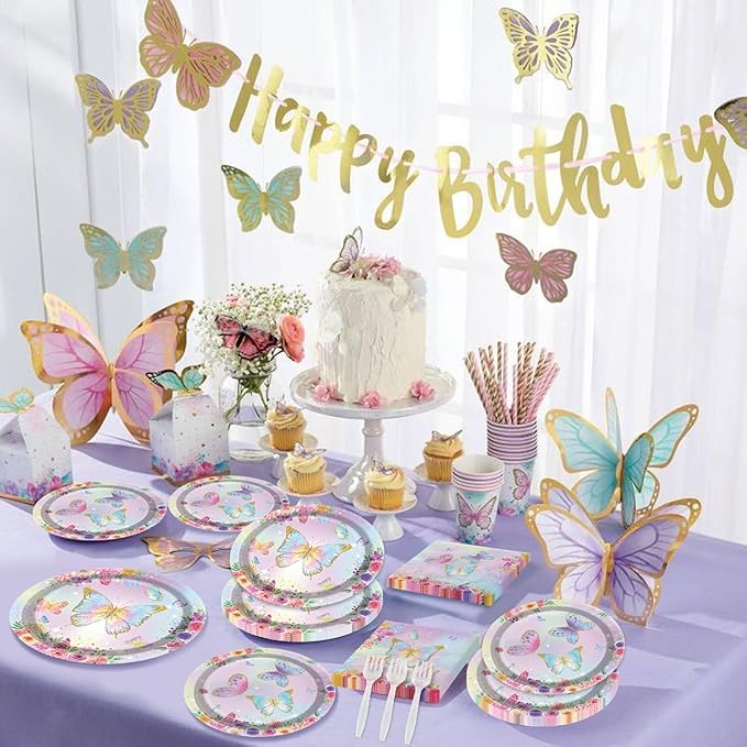 96PCS Butterfly Party Decorations Flower Fairy Birthday Tableware Flower Paper Plates Butterfly Plates Napkins Dinnerware for Baby Shower Party Supplies, Serves 24