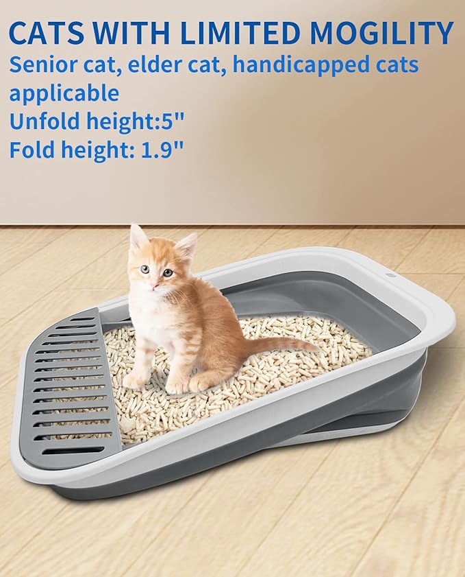 BNOSDM Large Cat Litter Box for Senior Cat - Foldable Kittens Travel Litter Box with Scoop Collapsible Cat Toilet Open Shallow Cats Potty Pan for Sick Disabled Older Cats Grey