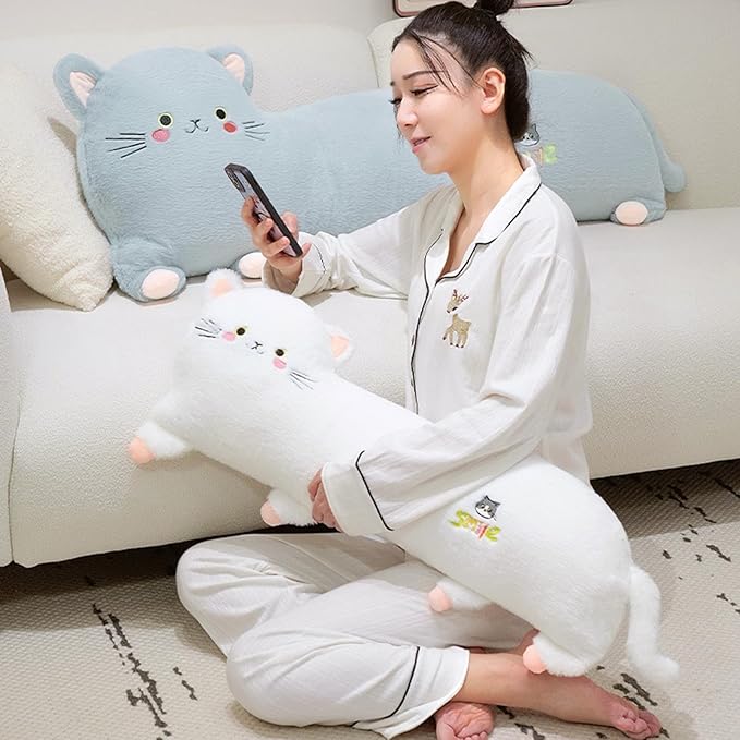 PEACH CAT 31.5" Long Cat Plush Pillow Cute Kitten Stuffed Animals Soft Plushies Toy Gifts for Kids White