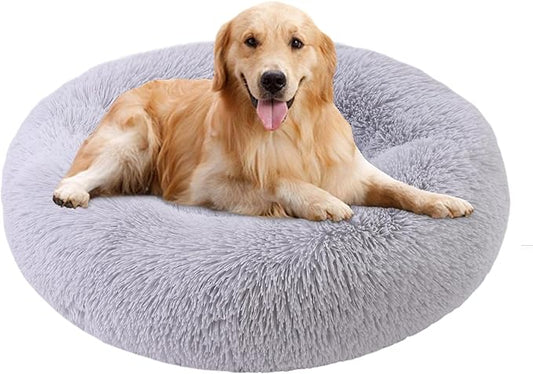 Calming Dog Bed, Dog Beds Fits up to 45 lbs Pets, Fluffy Donut Dog & Cat Bed Washable, Round Anti Anxiety Dog Bed, Small Dog Bed with Non-Slip Bottom (Light Grey, 31" x 31")