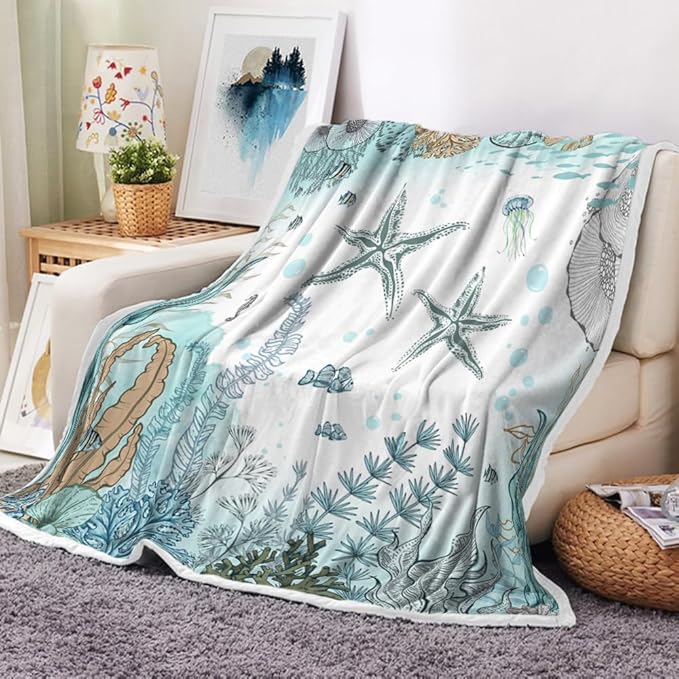 Starfish Blanket Funny Seashell Coral Beach Themed Throw Blankets, Farmhouse Sea Ocean Lightweight Soft Fleece Cozy Fleece Throw Blanket All Season Cozy Soft Lightweight Couch Sofa Bed Bedding
