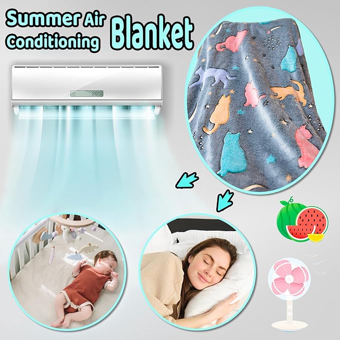 Best Gift Glow in The Dark Cute Cat Throw Blanket with Storage Bag, Soft Throw Blanket for Girls Boys, Birthday, Girls Blanket Kids Blanket,Day Care Home Travel Use,50"x60" Grey