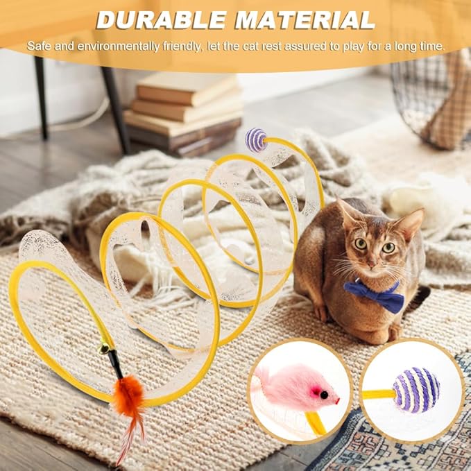 2Pcs Self Play Cat Hunting Spiral Tunnel Toy, Folded Cat Tunnel Toy Spiral Cat Toy, Cat Spring Toy Spiral Cat Toys, Indoor Cat Activity Structure with Feather(Yellow,Size:19.7inch)