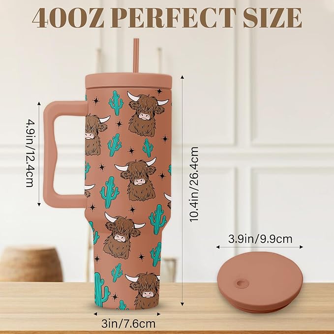Highland Cow Tumbler, Cow Yak Bull Cup Gifts For Men, Cute Yak Cuctus Tumbler With Handle 40 Oz, Birthday Gifts For Cowboy Animal Enthusiasts, Cuctus Khaki Insulated Tumblers Cup