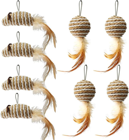 ROSAUI Cat Feather Toys Refills Cat Wand Toy Replacement, 8pcs Natural Rustling Mice and Balls, Handmade Paper Toys for Indoor Kittens