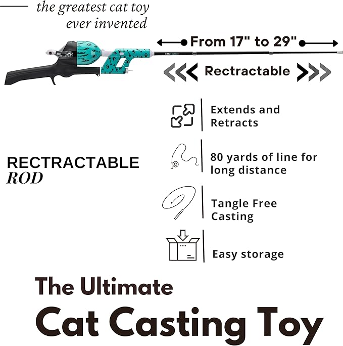 Cat Caster Fishing Pole Toy | Tangle Free, Retractable & Easy to Store. Includes Two Interchangeable Teaser Toys | The Ultimate Gift for Kitty Lovers, Fish Bone