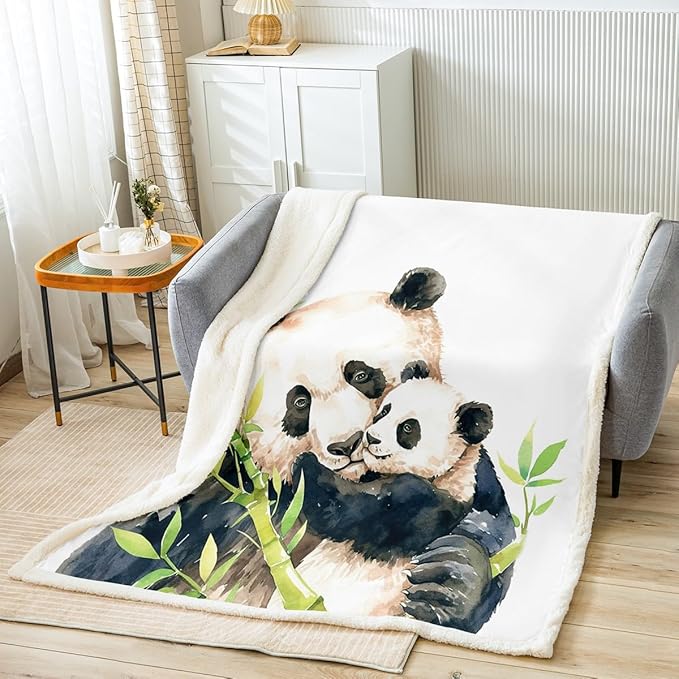 Panda Sherpa Blanket Cute Panda Bear Fleece Throw Blanket for Sofa Couch Bed Wild Animal Pattern Plush Blanket Cartoon Giant Panda Design Fuzzy Blanket Bedroom Decor Queen 90x90 Inch