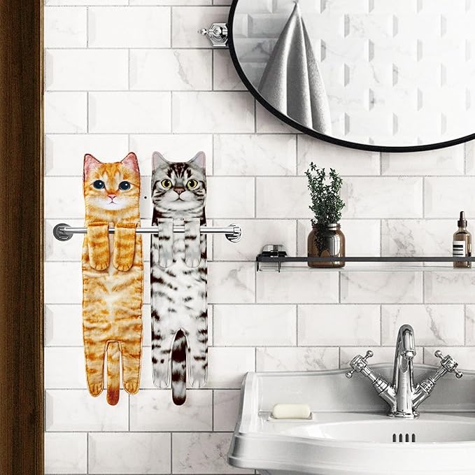 Cat Funny Hand Towels for Bathroom Kitchen- Cute Decorative Kitten Decor Hanging Face Towels- Unique Housewarming Valentines Mothers Birthday Gifts for Women Mom Cat Lovers