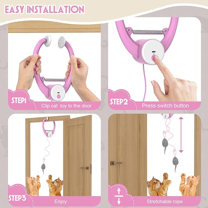 Cat Toy Interactive for Indoor Cats, Smart USB Rechargeable Door Hanging Automatic Retractable Kitten Toys, Teaser Electronic Self Play Feather Cat String Toys Attached with 3 Catnip Mice Pink