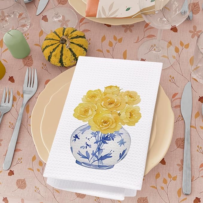 SPBL&L Chinoiserie Decor Kitchen Towels, Blue and White Chinoiserie Vase Yellow Roses Floral Dish Towels for Kitchen, Blue and White Hand Towels for Bathroom, Grandmillenial Decor, 16x24 Inches