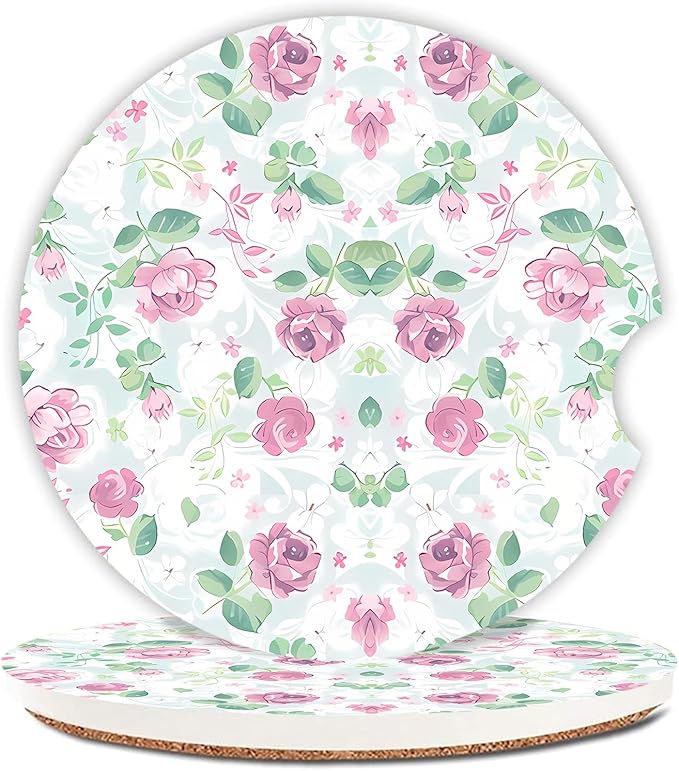 Car Coasters for Drinks Absorbent,2 Pack Cup Holders,2.56" Ceramic Stone & Non-Scratch Cork Base Coasters,Auto Accessories for Women & Men(Pink Flowers).