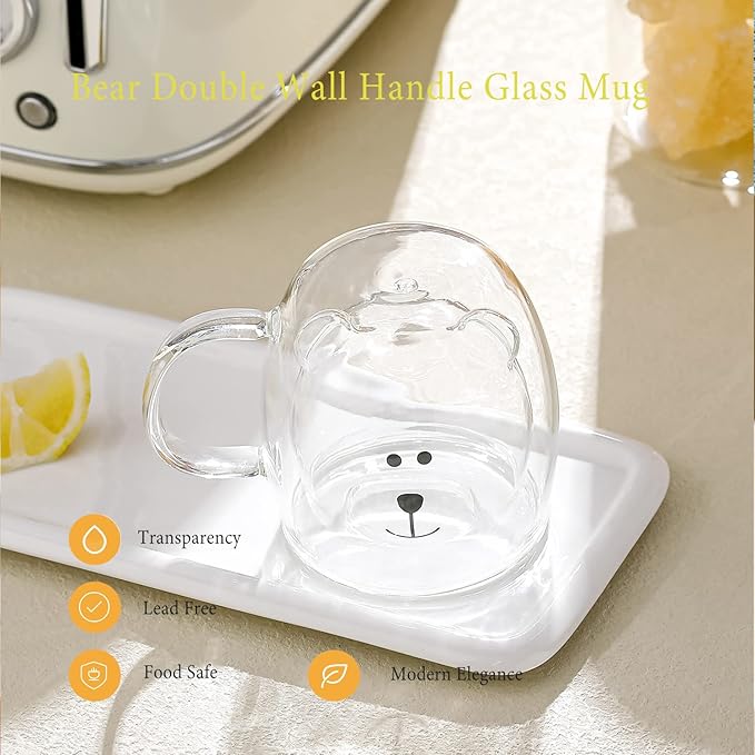 Bear Cute Mugs Kawaii Double Wall Glass Coffee Tea Mill Yogurt Cup Funny Novelty Gift for Women Her Friends Office Birthday Christmas (Bear with handle)