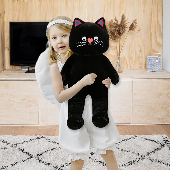 Cuddly Cat Plush Toy - Soft Huggable Stuffed Animal Pillow for Boys, Girls, Kids, and Girlfriends - Ideal Valentine’s Day Gift (Black, 15 inch)