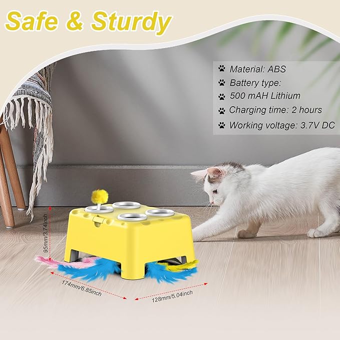 Cat Toys, Interactive Cat Toys, 2-in-1 Automatic Cat Toy, 4 Holes Mice Whack A Mole Cat Mouse Toy with Moving Feather, Portable USB Rechargeable Electronic Kitten Toys (Yellow)