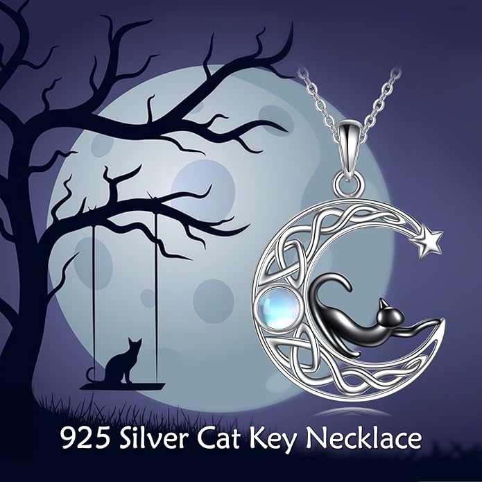 AXELUNA Black Cat Necklace 925 Sterling Silver Kitten Pendant Circle Crystal Necklace Cat Jewelry Gifts for Women Girls Girlfriend Animal Lovers