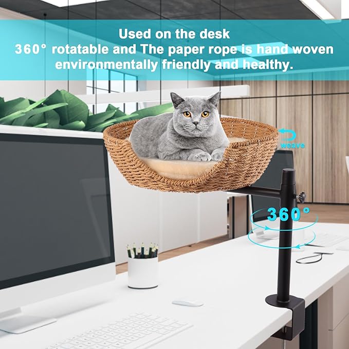 SEPAZON Cat Desk Bed Elevated, Cat Nest Bed for Desk Indoor Cats, Cat Hammock for Desk Window Bedside, Cat Shelf Bed for Kitten, Cat Furniture 360° Rotation Raised Cat Bed - Supports up to 44lbs