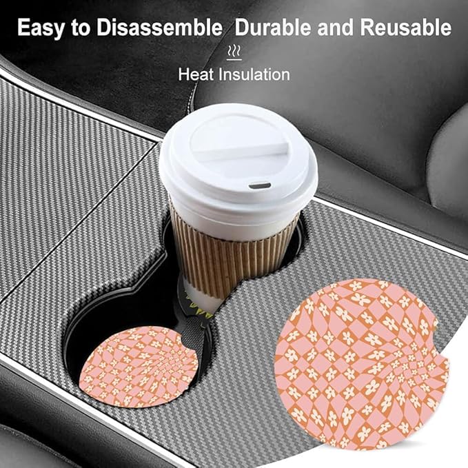 Absorbent Car Cupholder Coaster 2 Pack, Cute Car Coasters with a Finger Notch for Women & Men,2.56" Ceramic Stone & Non-Scratch Cork Base Drink Coasters, Cute Auto Accessories Gifts