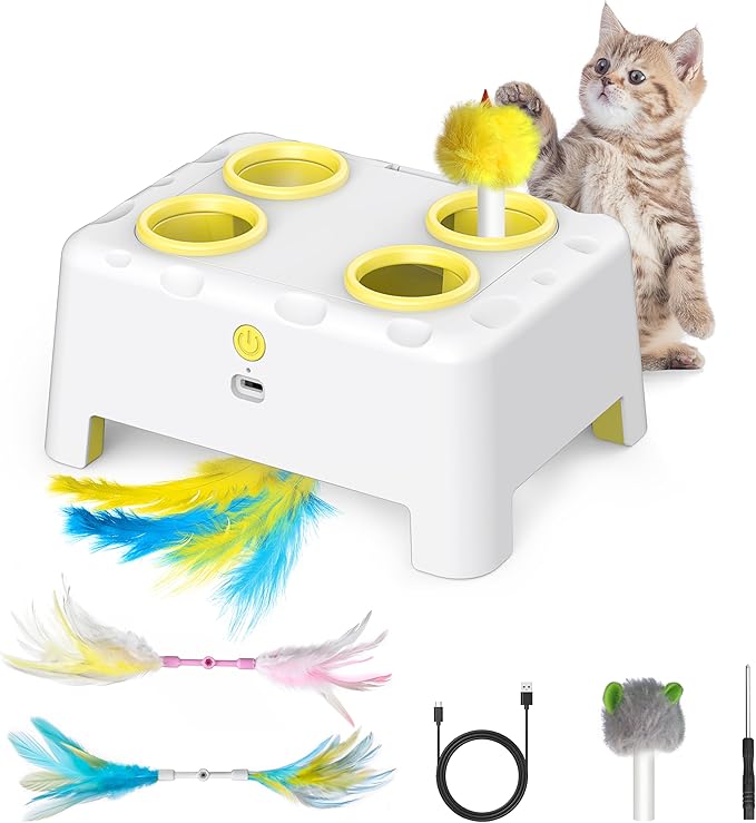 Cat Toys, Interactive Cat Toys, 2-in-1 Automatic Cat Toy, 4 Holes Mice Whack A Mole Cat Mouse Toy with Moving Feather, Portable USB Rechargeable Electronic Kitten Toys (White & Yellow)