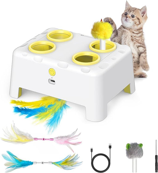 Cat Toys, Interactive Cat Toys, 2-in-1 Automatic Cat Toy, 4 Holes Mice Whack A Mole Cat Mouse Toy with Moving Feather, Portable USB Rechargeable Electronic Kitten Toys (White & Yellow)
