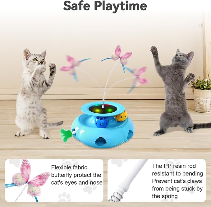 Interactive Cat Toys for Indoor Cats Rechargeable 3in1 Ambush Feather, Fluttering Butterfly, Track Balls, Automatic Kitten Toys Touch Activated, 2 Refill Feather