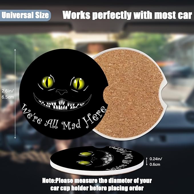 Car Cup Holder Coaster - Funny Black Cat Absorbent Ceramic Coaster, Car Coasters for Cup Holders, Auto Accessories for Women & Men, Pack of 2