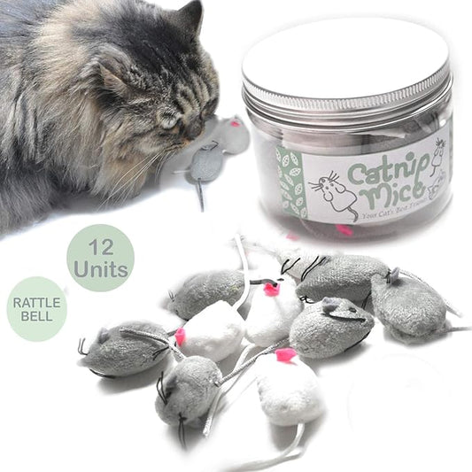 Catnip Mice for Cat Toys with Rattle Bell Mouse Kitty Toys (White & Grey)