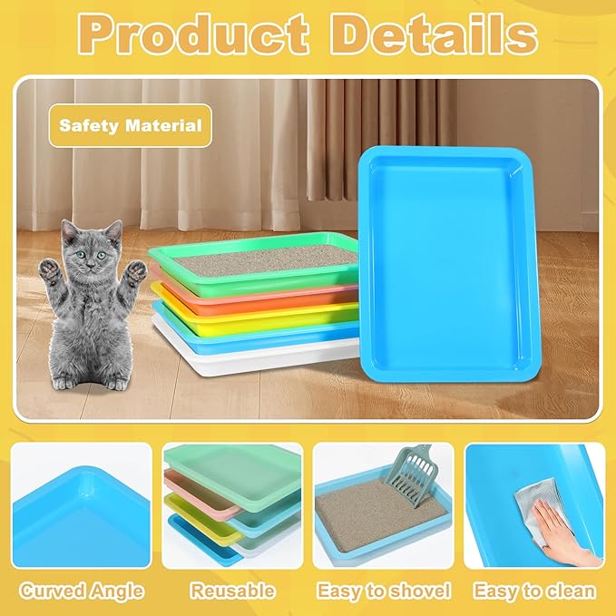 6 Pcs Kitten Litter Box, Low Entry Litter Box with Scooper, Portable Litter Box Shallow Litter Pan Open Travel Kitten Boxes for Small Cat, Hamster, Rabbit, 6 Colors