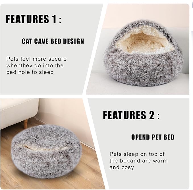 Calming Dog Beds & Cat Cave Bed with Hooded Cover,Washable Round Beds for Small Medium Pets,Anti-Slip Faux Fur Fluffy Coved Bed,Comfortable Warming Pet Bed(16 * 16inch,Khaki)