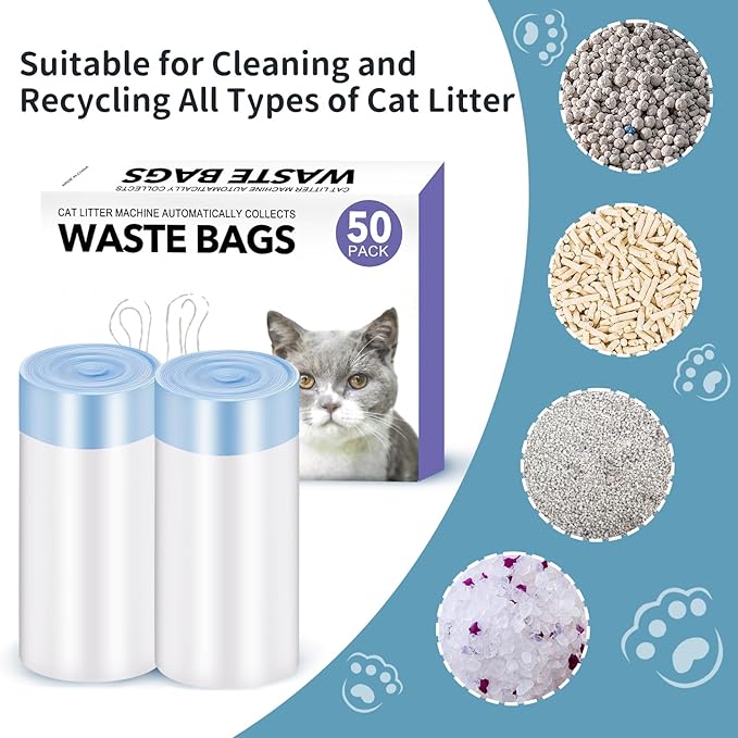 50 PCS Self Cleaning Cat Litter Box，Drawstring Cat Litter Box Liners，Scoop Free Automatic Cat Litter Box Extra Large Litter Box measures 23" x 15.7"