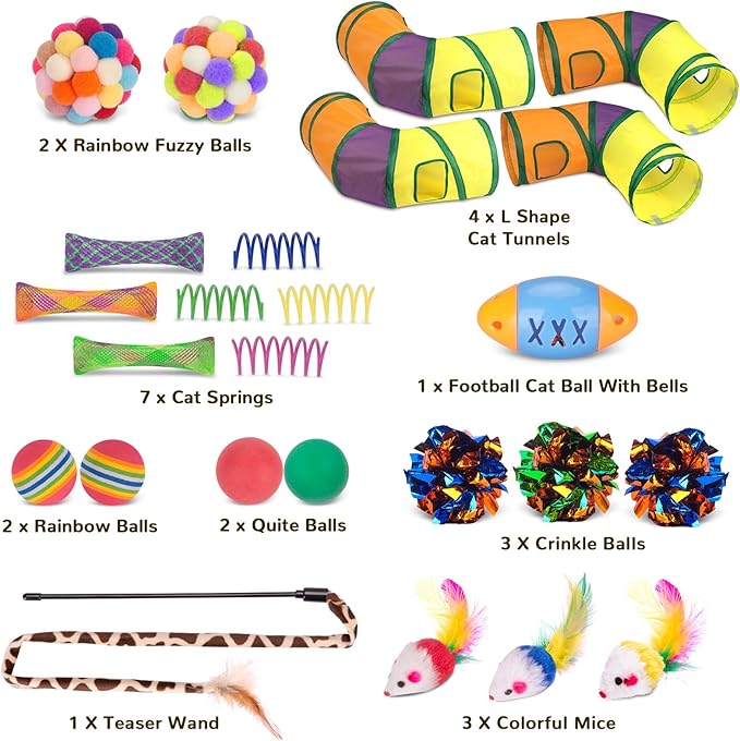 Cat Toys 25 Pcs,Kitten Toys for Indoor Cats,4 Collapsible Cat Tunnel Tubes Interactive Feather Teaser Wand Toy for Kitten Cats Springs Mouse Crinkle Toys Rainbow Football Cat Ball with Bell Toy