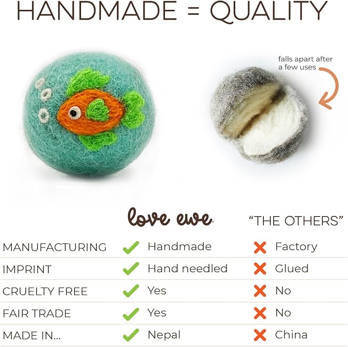 Hustle & Blush Wool Felt Balls 3 Pack Love Ewe Pet Supplies - 2in Felted Wool Cat Toys 100% New Zealand Wool Felt Cat Toys Handmade Wool Felt Balls, Colorful Wool Balls for Cats - Fish and Bird