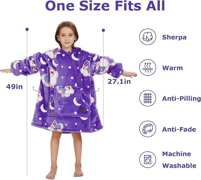 THREE POODLE Blanket Hoodie for Kids, Glow in The Dark Blanket Hoodie, Oversized Sherpa Blanket Hoodie Sweatshirt for Kids, Extremely Cozy, Warm, Soft, and Fuzzy Hoodie Blanket, One Size Fits All