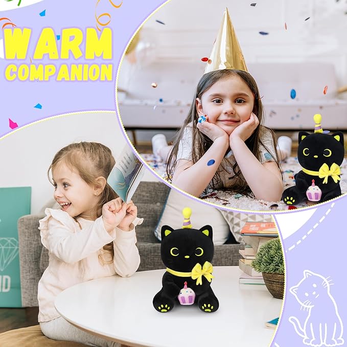 Black Cat Plush - 8 Inch Soft Cat Happy Birthday Stuffed Animal, Birthday Gifts for Kids Boys Girls