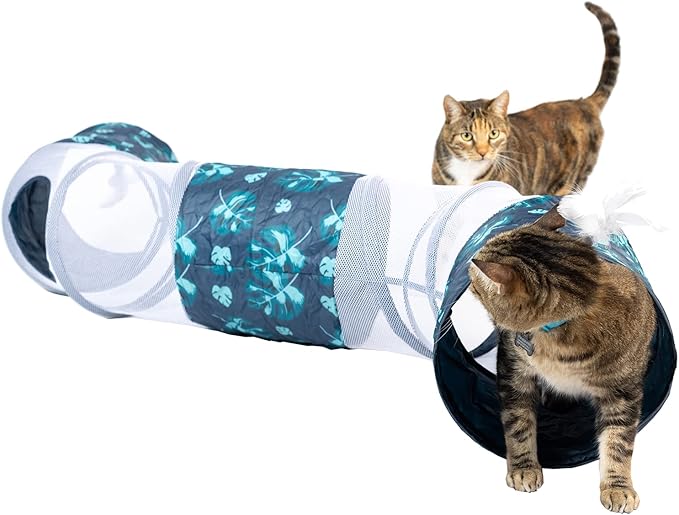 PetFusion KittyCurve Cat Tunnel, 62x10x10” (lwh) | Interactive Cat Toy Feathers, Transparent Sections, Four Entries & Exits | Hide, Play, Peak & Pounce | Great for Small Dogs | 1 Year Warr