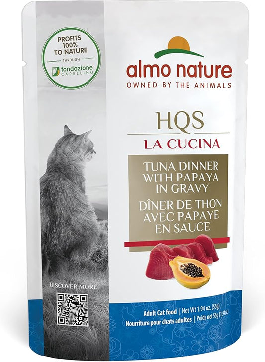 almo nature HQS La Cucina Tuna with Papaya in Gravy, Grain Free, Additive Free, Adult Cat Wet Food, Shredded, Pouches, 24 x 55g/1,94 oz