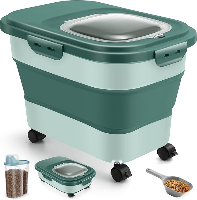 ANVS Dog Food Storage Container - Up to 20lbs Collapsible Dog Food Container with Casters, Scoop and 2.5L Small Pet Food Container to Keep Dry Pet Food Fresh (Green)