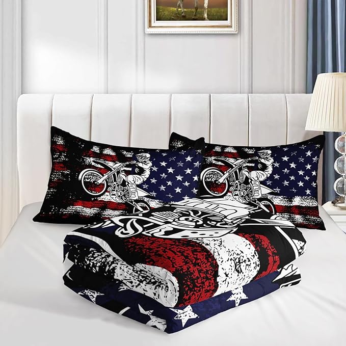 Axolotl Dirt Bike Comforter Set Twin,American Flag Bedding Set,Motocross Comforter Set,White Red Stripes Stars Comforter Set,Motorcycle Racer Comforter for Boys Kids Teens Men,1 Quilt 2 Pillowcases