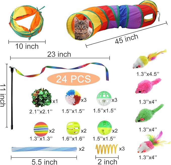 FuninCrea 24 PCS Cat Toys Kitten Toys Assortments, Cat Tunnels for Indoor Cats Variety Cat Toy Pack Fluffy Mouse, Spring Cat Toys, Crinkle Balls Cat Toys for Indoor Cats Kitten