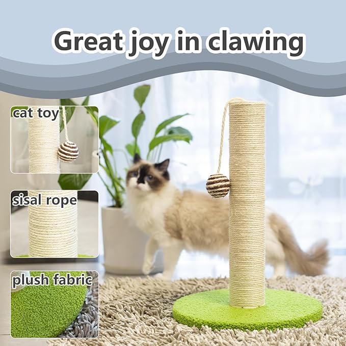 17 Inch Tall Cat Scratching Post Cat Scratcher- Sisal Rope and Carpet Scratching Pole with Hanging Ball Toy for Adult Cats and Kittens (Green)