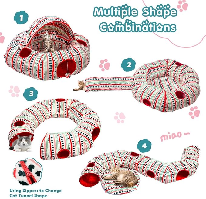Cat Tunnel Bed for Indoor Cats, Soft Plush Peekaboo Cat Cave Donut Tunnel, Multifunctional Cat Playground Toys Hideplace for Small Medium Large Cats, Kittens, Rabbit, Ferret (Red)