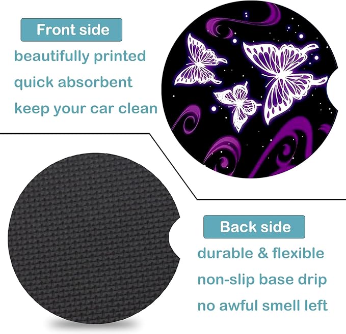 Car Coasters for Cup Holders,2 Pack Butterfly Car Cup Holder Coasters,2.75" Universal Size Anti Slip Rubber Mat,Automotive Cup Holder Decal Decor Accessories,Butterfly Gifts for Women,Mom