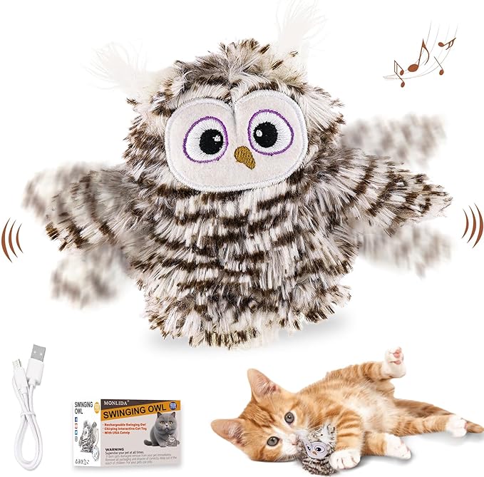 Interactive Flapping Wings Owl Cat Toys,Bird Sound Catnip Toys for Cats,Rechargeable 3 Vibration Modes Indoor cat Toy,for Prevent Boredom