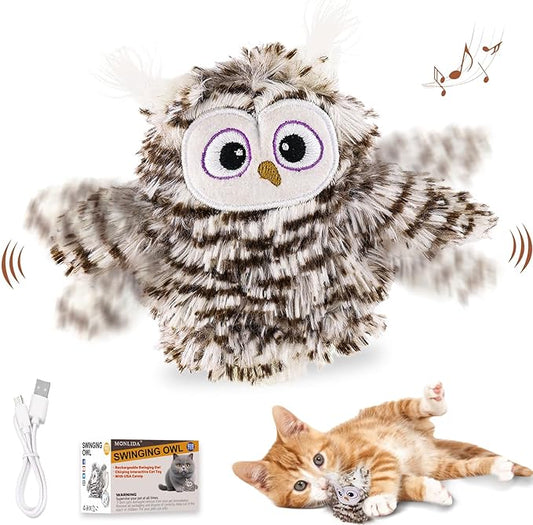 Interactive Flapping Wings Owl Cat Toys,Bird Sound Catnip Toys for Cats,Rechargeable 3 Vibration Modes Indoor cat Toy,for Prevent Boredom