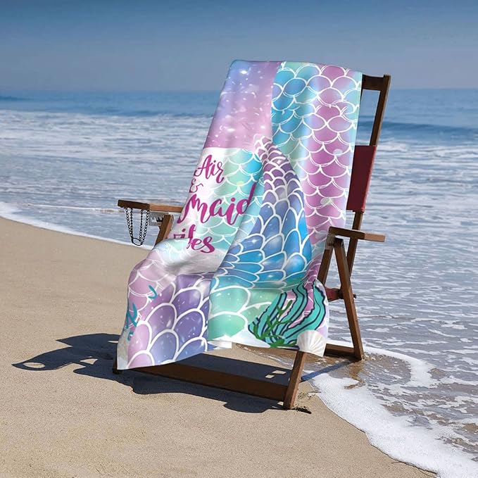 Mermaid Microfiber Beach Towels for Girls/Kids Personalized Beach Towels for Toddler/Baby, Cute Beach Towel, Thin Quick Dry Pool Towel 30"x 60"