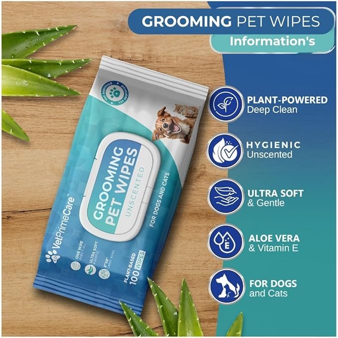 Pet Grooming Wipes for Dogs & Cats, 8” x 8” Plant-Based, Wipes for Cleaning & Deodorizing, Suitable for Pets Body Like Face, Paws, Belly, and Butt, Unscented - 100 Count