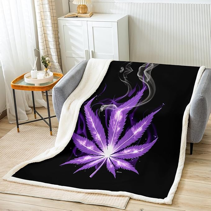 Leaf Fleece Throw Blanket for Sofa Bed Couch Marijuana Weed Leaf Plush Chic Smoky Cannabis Leaves Sherpa Blanket Purple Black Botanical Room Decor Fuzzy Twin 60"x80"