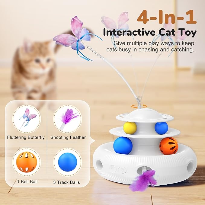 Cat Toys, 4-in-1 Rechargeable Automatic Interactive Cat Toy with Fluttering Butterfly, Random Moving Ambush Feather, Two-Tier Track Balls, 5H Smart Standby, Touch-Activated (White)